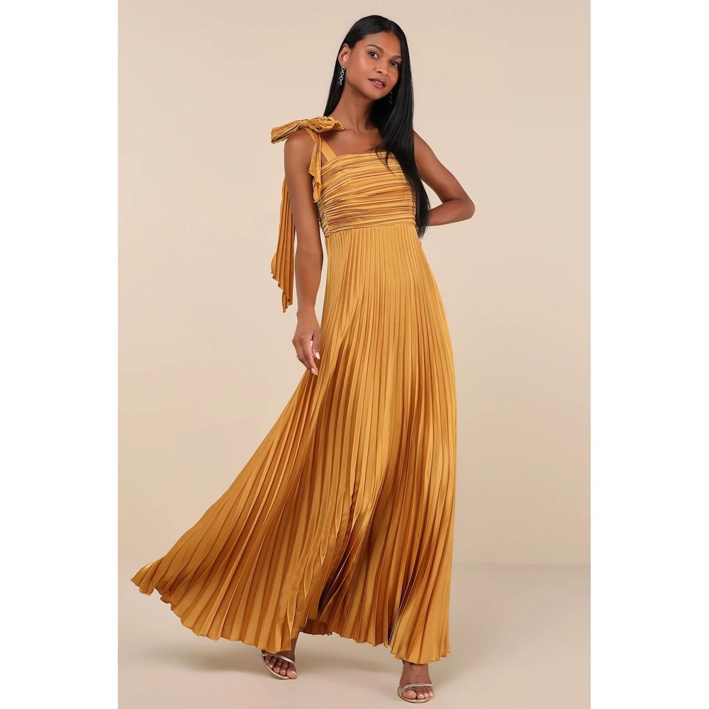 Lulus Gorgeous Purpose Pleated Bow Maxi Dress Small Mustard Yellow Satin Formal